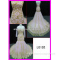 rich gold applique lace pink wedding dress with long sleeve jacket from Panyu Guangzhou China L0192